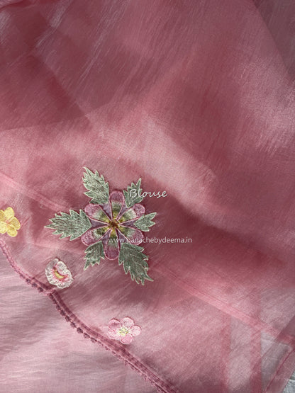 Tissue Organza saree with 3D applique work and lace detailed borders| Peach | BA2