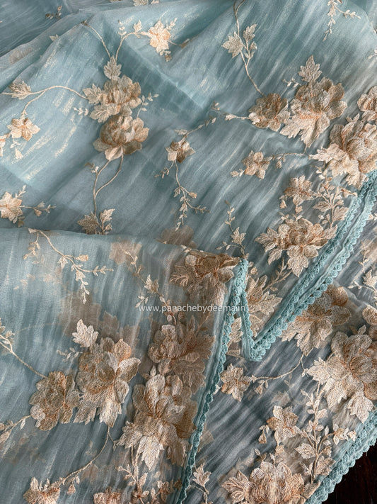 Tissue Organza saree with embroidery |Blue | E2