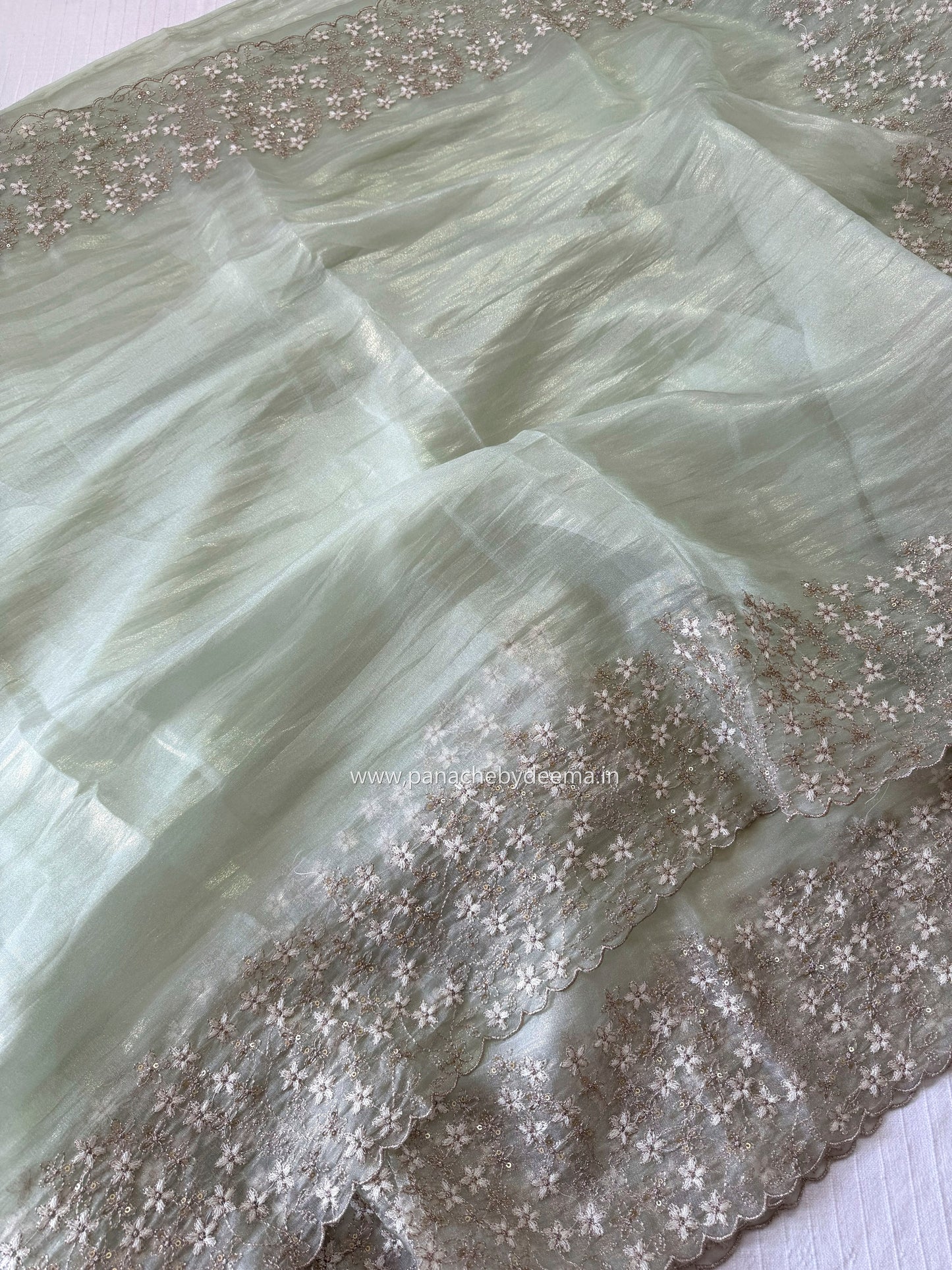 (Available on prebooking whatsapp 8296837556)Crushed tissue organza saree with embroidery and scalloped borders | Pistah green | GL6