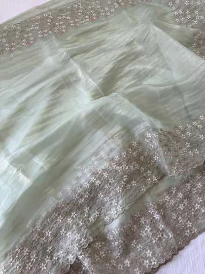 (Available on prebooking whatsapp 8296837556)Crushed tissue organza saree with embroidery and scalloped borders | Pistah green | GL6