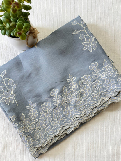 Semi tussar applique cut work saree with scalloped borders | Slate blue| SOT1