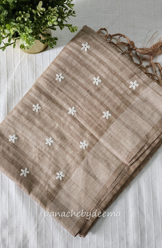 Beautiful semi dupion saree with thread embroidery | Light brown | FL105