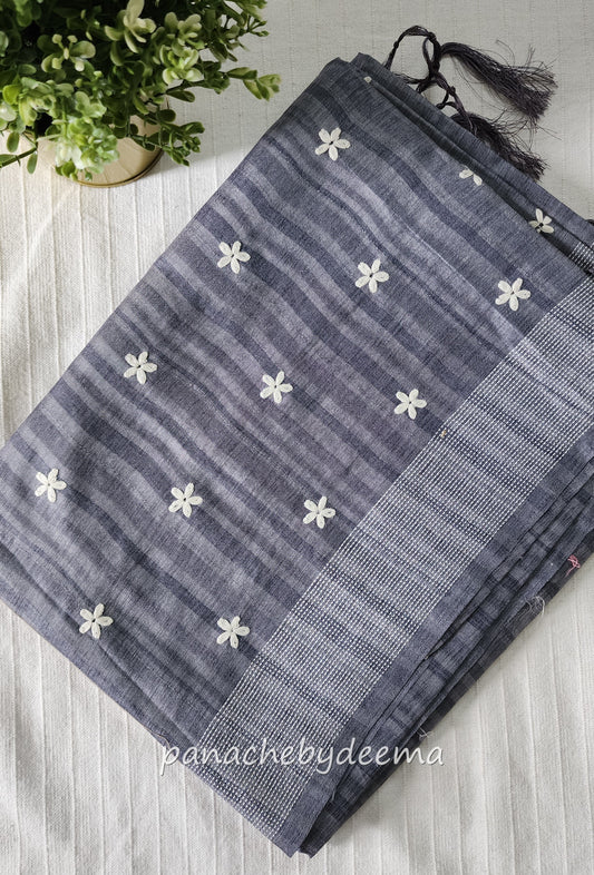 Beautiful semi dupion saree with thread embroidery | Slate blue | FL104