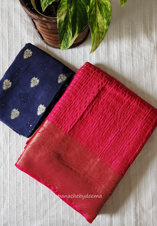 Semi banarasi munga silk saree with kantha pattern zari weaving | Rani pink with dark blue | BS2
