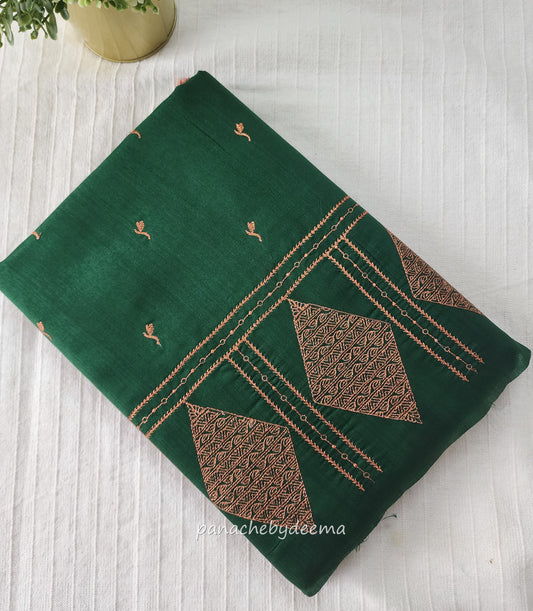 Look festive ready in this premium semi raw silk designer saree with beautiful copper zari embroidery | Dark Green | P17