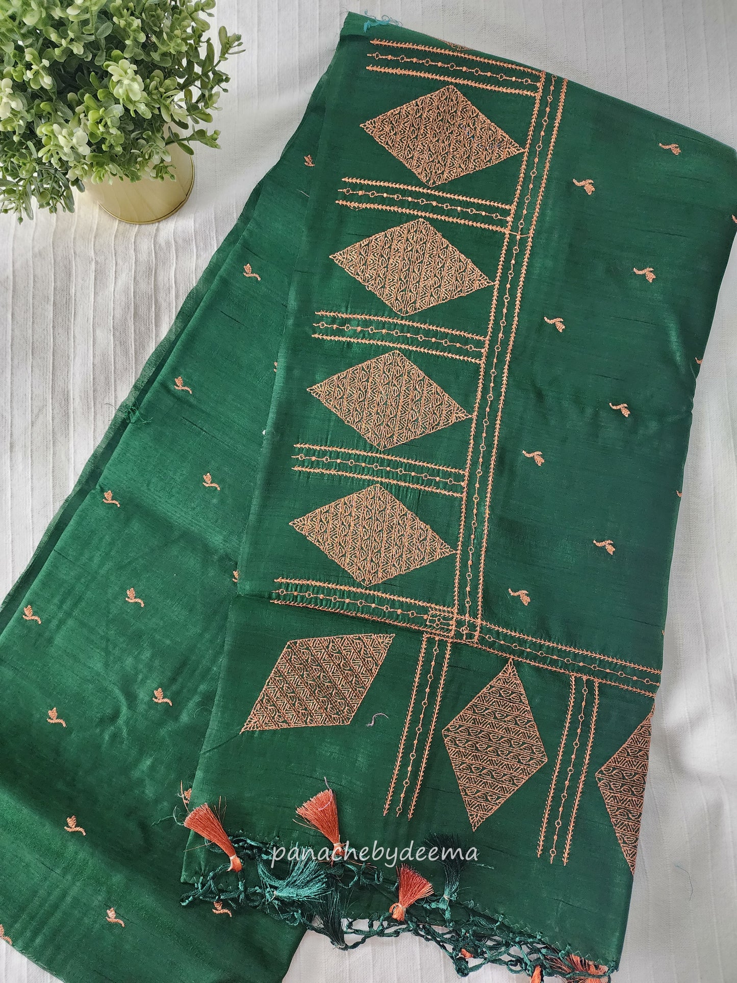 Look festive ready in this premium semi raw silk designer saree with beautiful copper zari embroidery | Dark Green | P17