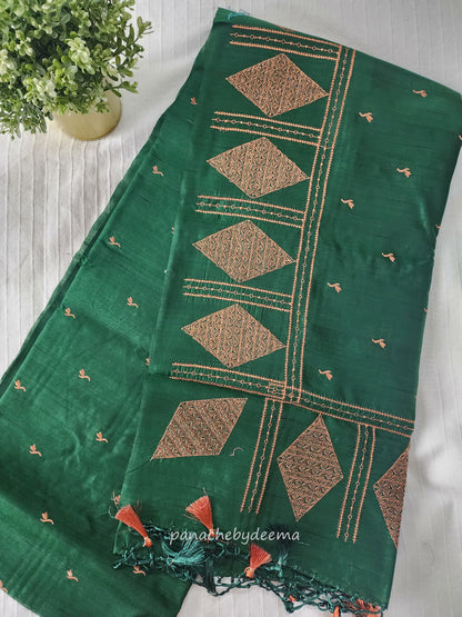 Look festive ready in this premium semi raw silk designer saree with beautiful copper zari embroidery | Dark Green | P17
