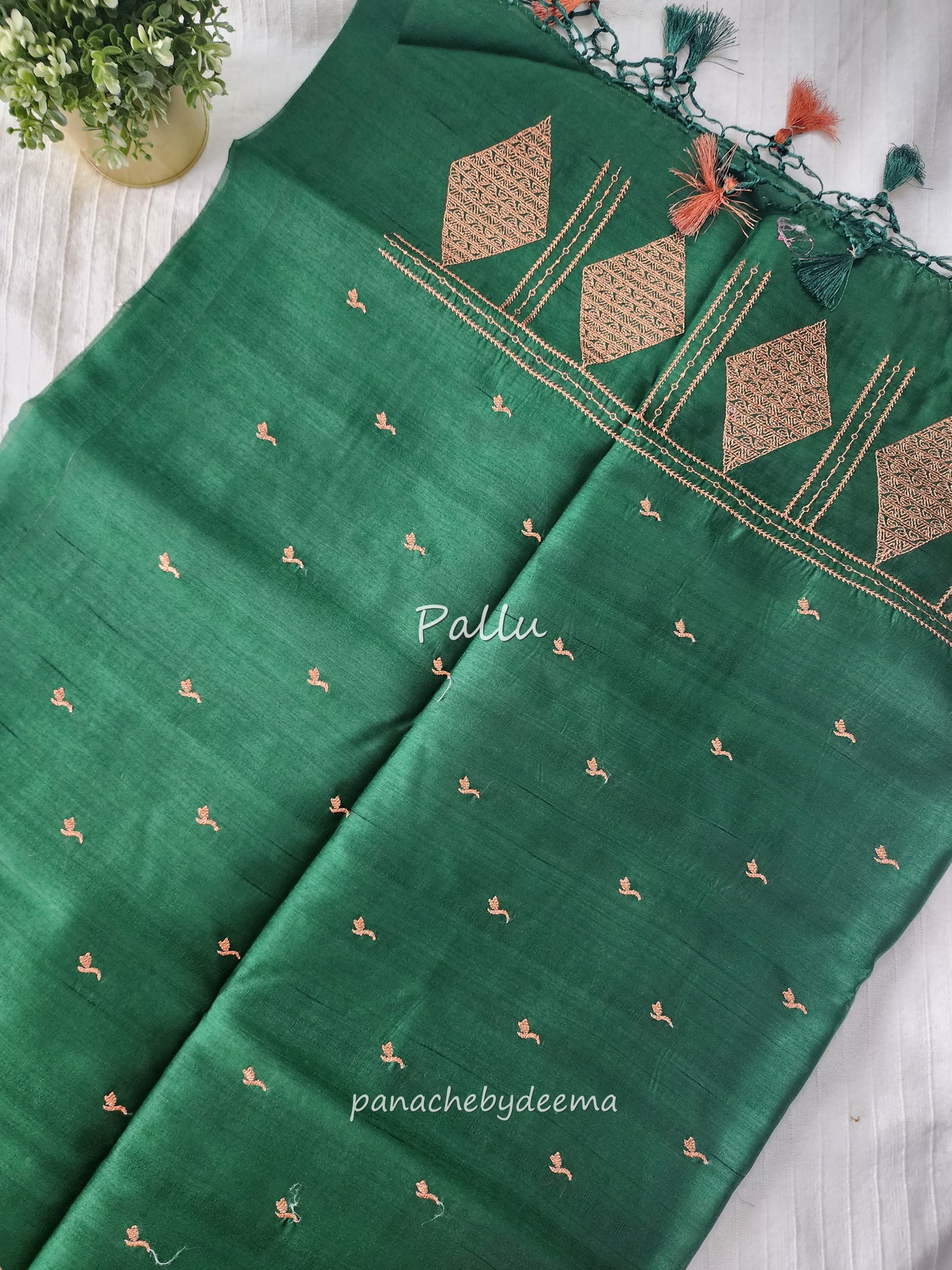 Look festive ready in this premium semi raw silk designer saree with beautiful copper zari embroidery | Dark Green | P17