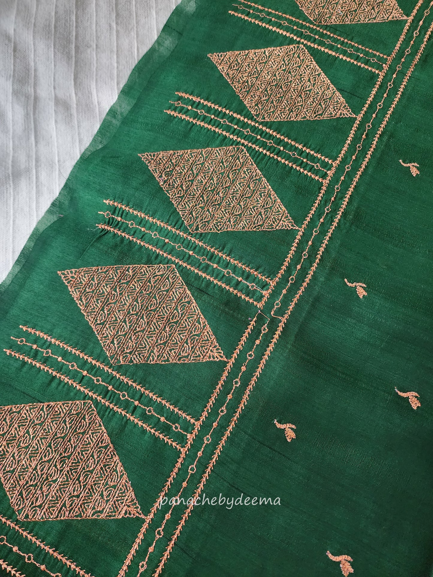 Look festive ready in this premium semi raw silk designer saree with beautiful copper zari embroidery | Dark Green | P17