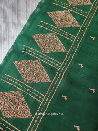Look festive ready in this premium semi raw silk designer saree with beautiful copper zari embroidery | Dark Green | P17