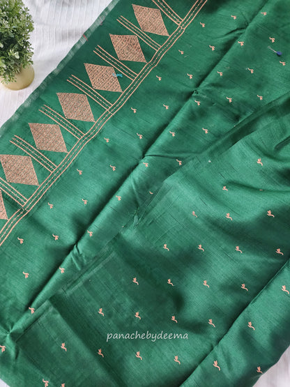 Look festive ready in this premium semi raw silk designer saree with beautiful copper zari embroidery | Dark Green | P17