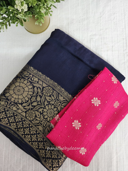 Semi banarasi munga silk designer sareee with plain body and zari weaving borders. Comes with contrast brocade blouse | Navy blue with pink | BS4