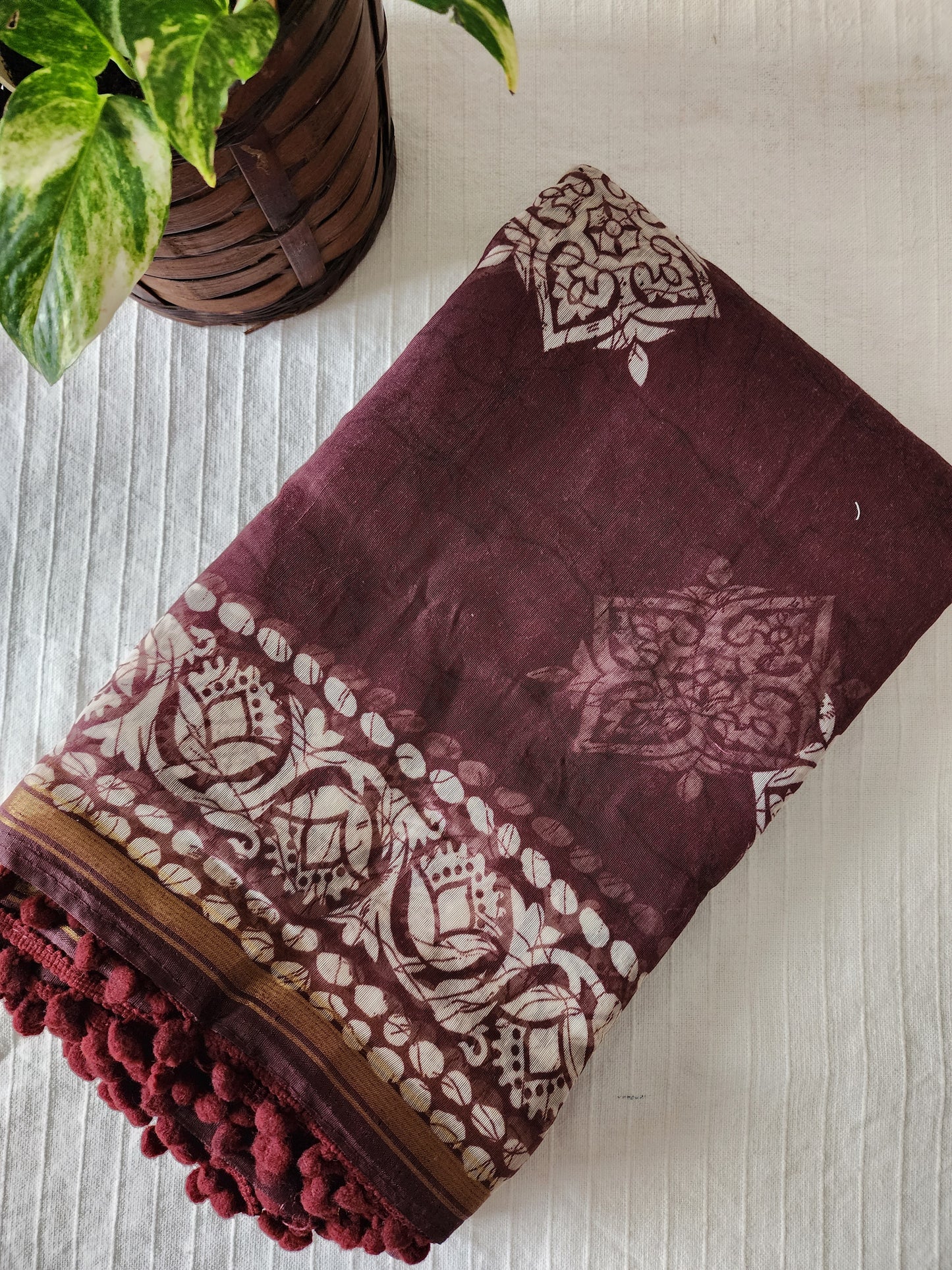 Cotton blend saree with batik print design and pom pom borders | Brown | PA109