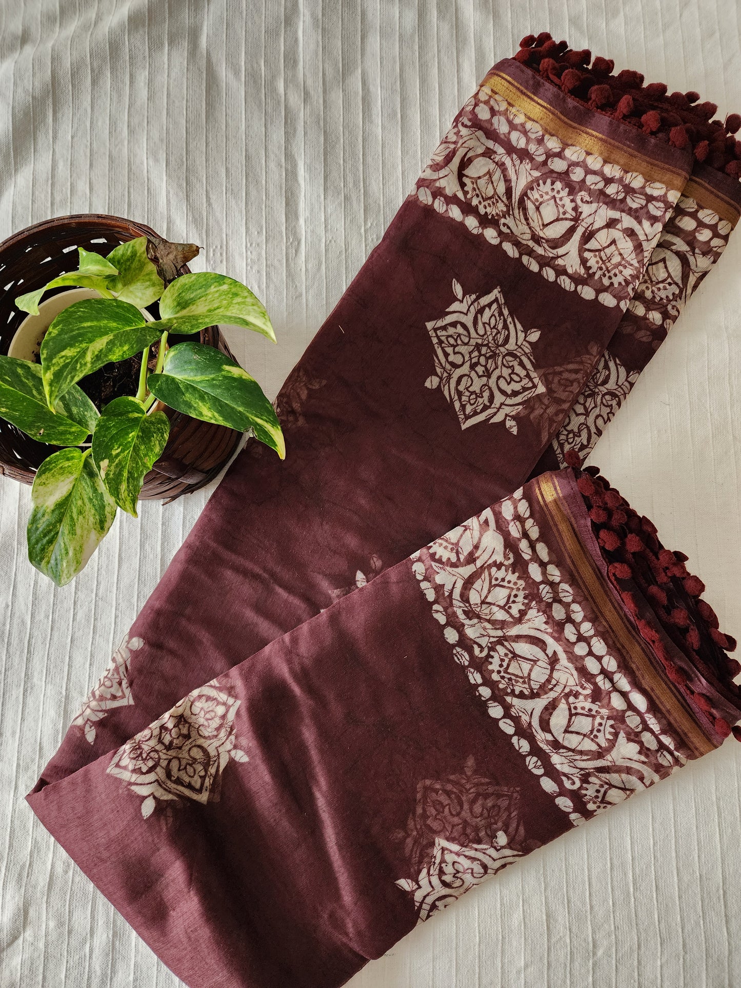 Cotton blend saree with batik print design and pom pom borders | Brown | PA109