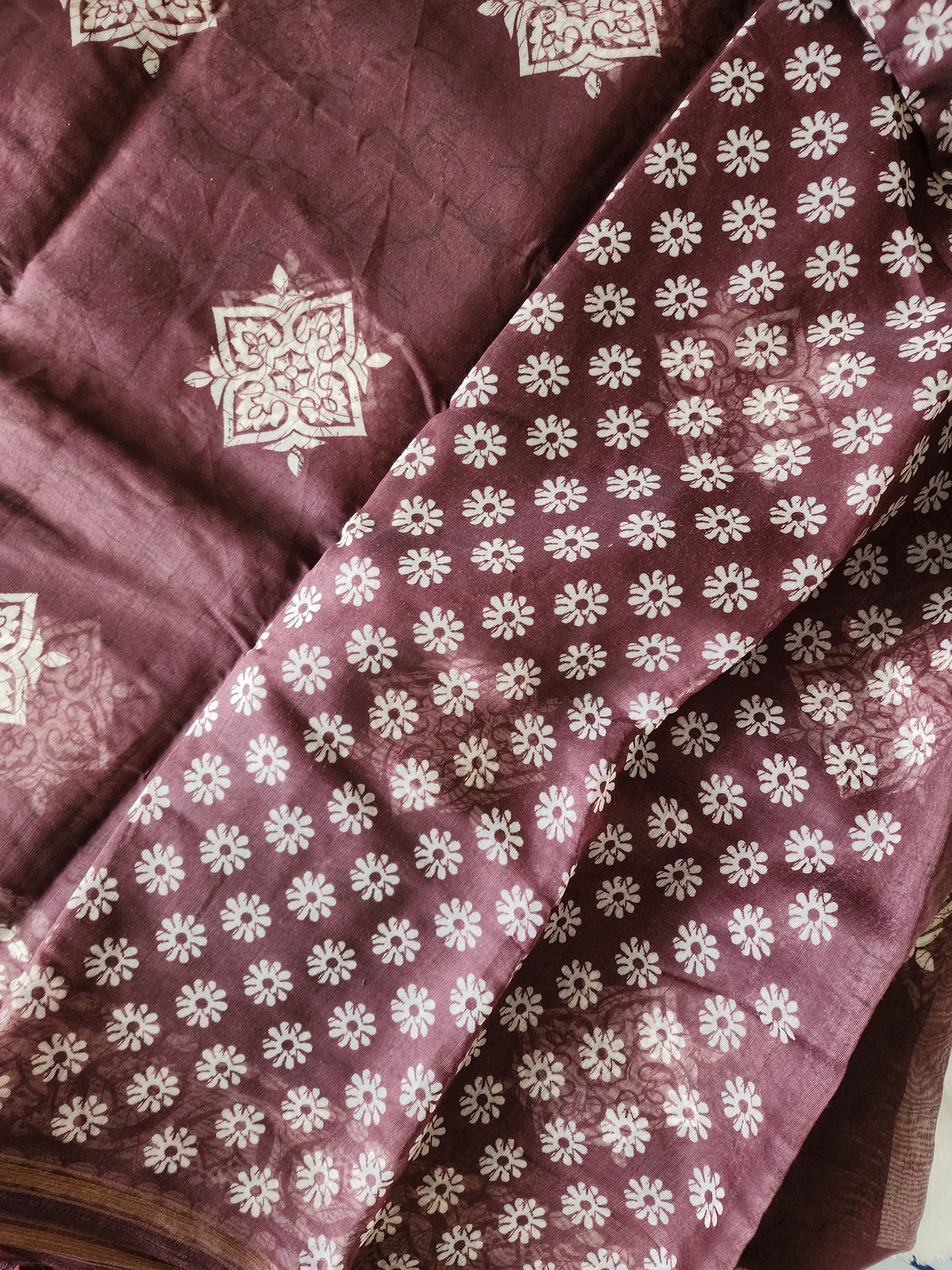 Cotton blend saree with batik print design and pom pom borders | Brown | PA109