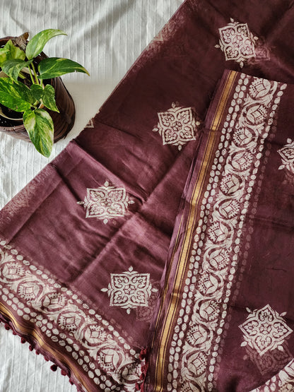 Cotton blend saree with batik print design and pom pom borders | Brown | PA109