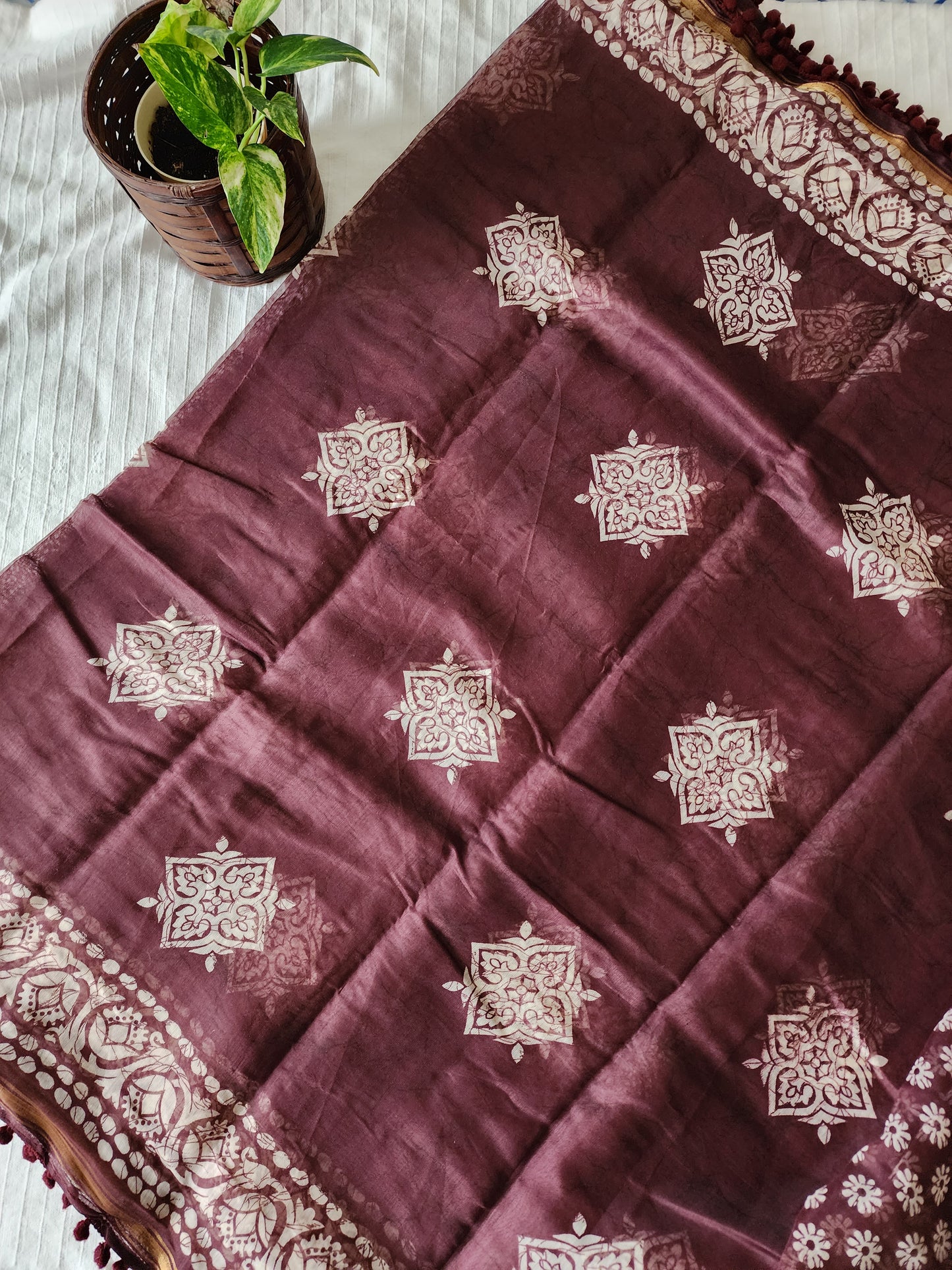 Cotton blend saree with batik print design and pom pom borders | Brown | PA109