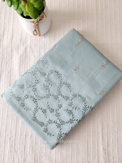Semi raw silk designer saree with intricate cut work borders and embroidery | Powder blue | DY12