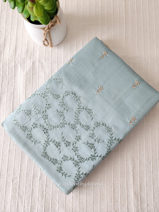 Semi raw silk designer saree with intricate cut work borders and embroidery | Powder blue | DY12