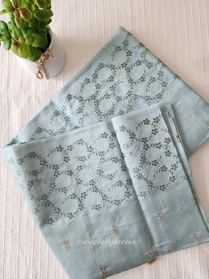 Semi raw silk designer saree with intricate cut work borders and embroidery | Powder blue | DY12