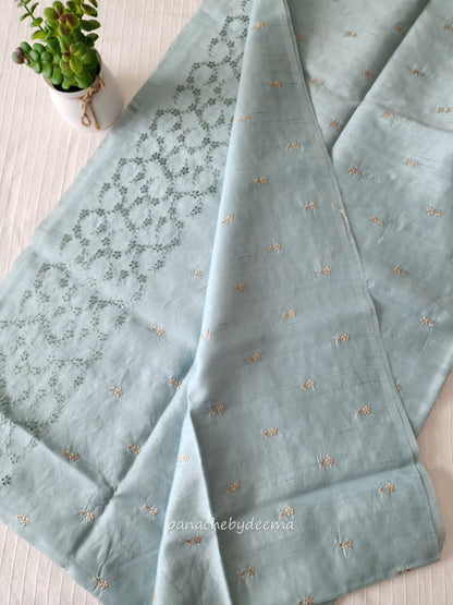Semi raw silk designer saree with intricate cut work borders and embroidery | Powder blue | DY12