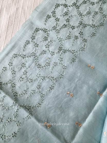 Semi raw silk designer saree with intricate cut work borders and embroidery | Powder blue | DY12