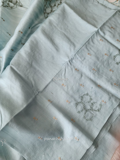 Semi raw silk designer saree with intricate cut work borders and embroidery | Powder blue | DY12