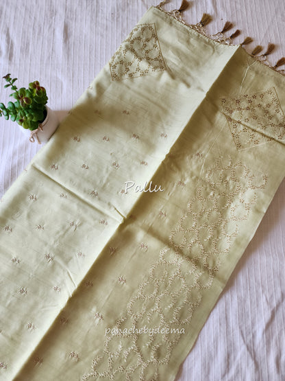 Semi raw silk designer saree with intricate cut work borders and embroidery | Lemon yellow | DY10