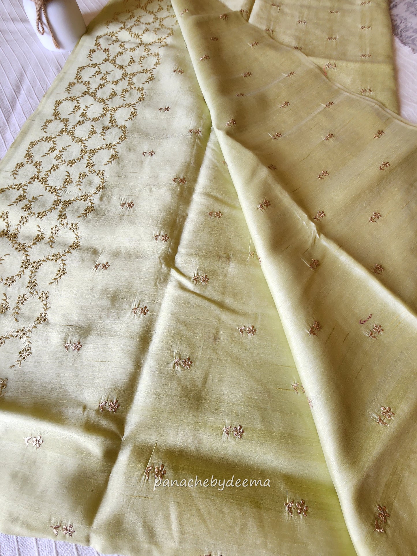 Semi raw silk designer saree with intricate cut work borders and embroidery | Lemon yellow | DY10
