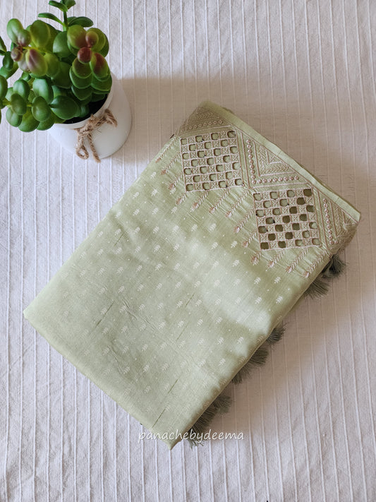 Beautiful semi tussar saree cut work border | Pale light green | CT109