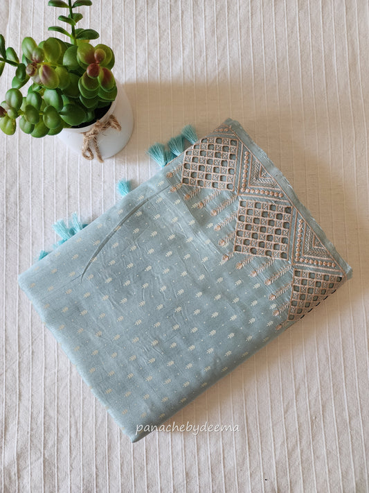 Beautiful semi tussar saree cut work border | Pale blue | CT108