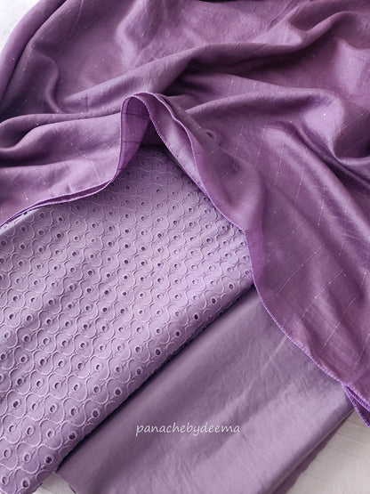 Semi raw silk hakoba material unstitched salwar set | Lavender | H1