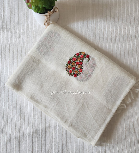 Beautiful semi Jute silk saree with thread embroidery | Offwhite | W1