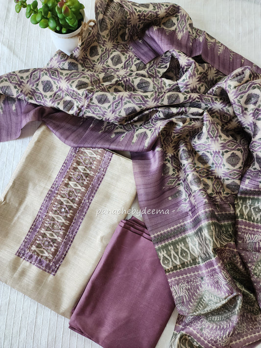 Semi silk unstitched salwar set | Ligt brown with purple bottom  | B1