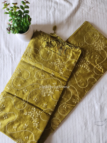 Art silk saree with embroidery | Yellowish green | A2