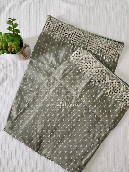 Soft flowy cut work saree with cut work borders | Olive green | CT112