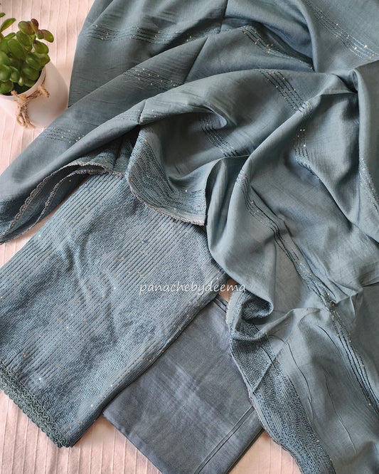 Semi tussar unstitched salwar set | Teal blue | S2