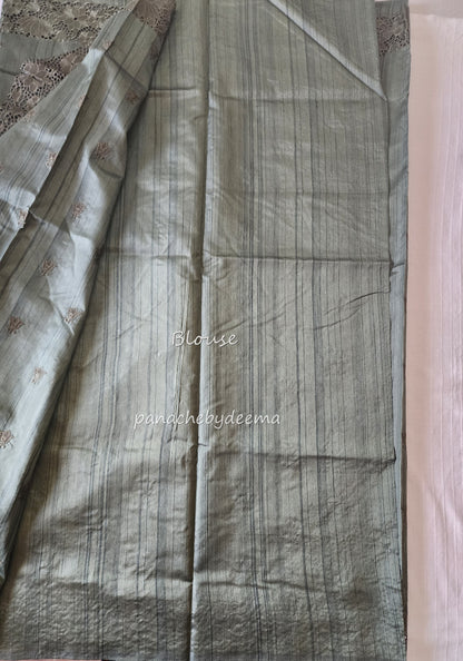 Beautiful semi tussar saree cut work border and embroidery| Green | STC2