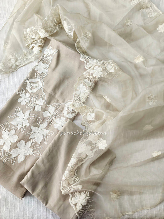 Pastel light beige unstitched salwar set with embroidery |Light beige| PC3
