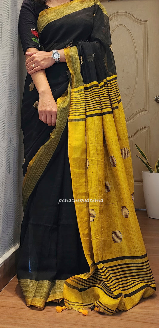 Soft linen saree with contrast border |Black with yellow |LK1