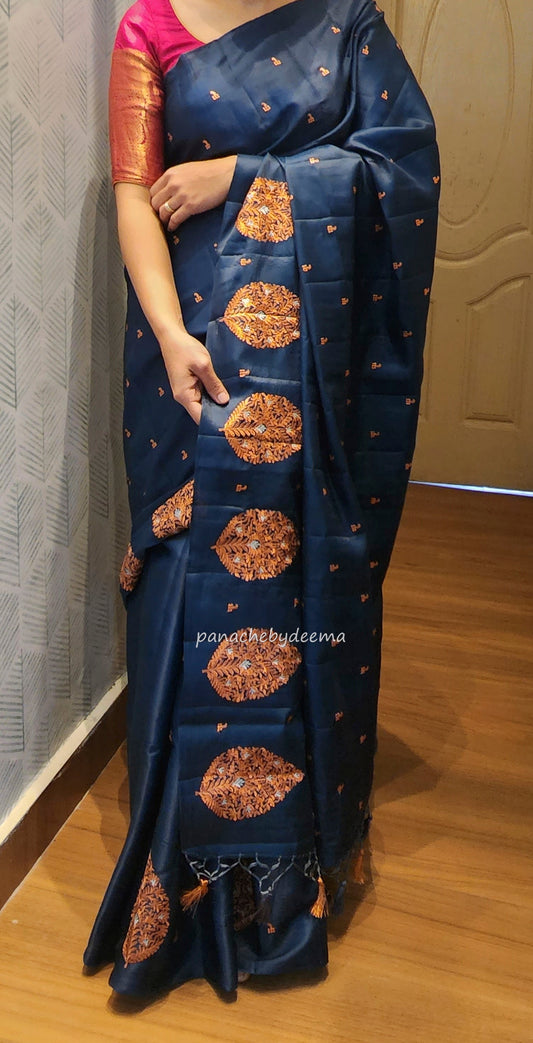 Beautiful Semi soft silk saree with copper zari embroidery | Teal blue | MS107