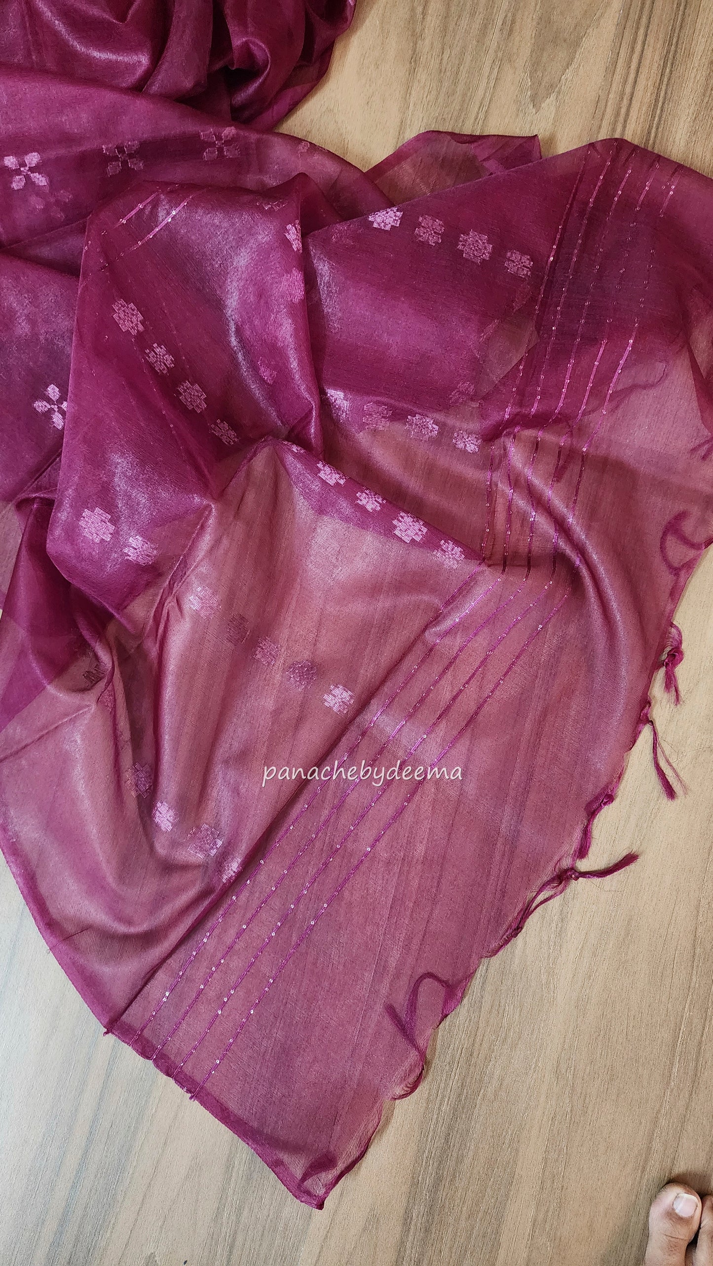 Beautiful semi organza saree with rose gold zari weaving all over body and sequined pallu | Dark pink | OR102