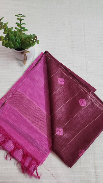 Semi tussar saree with contrast borders | Maroon with pink border | PA120