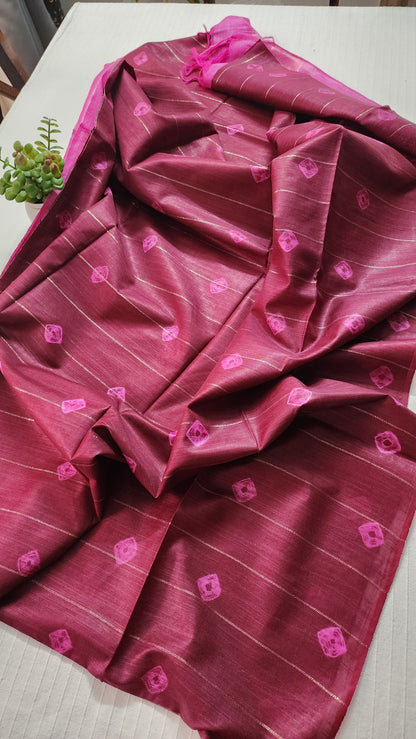 Semi tussar saree with contrast borders | Maroon with pink border | PA120