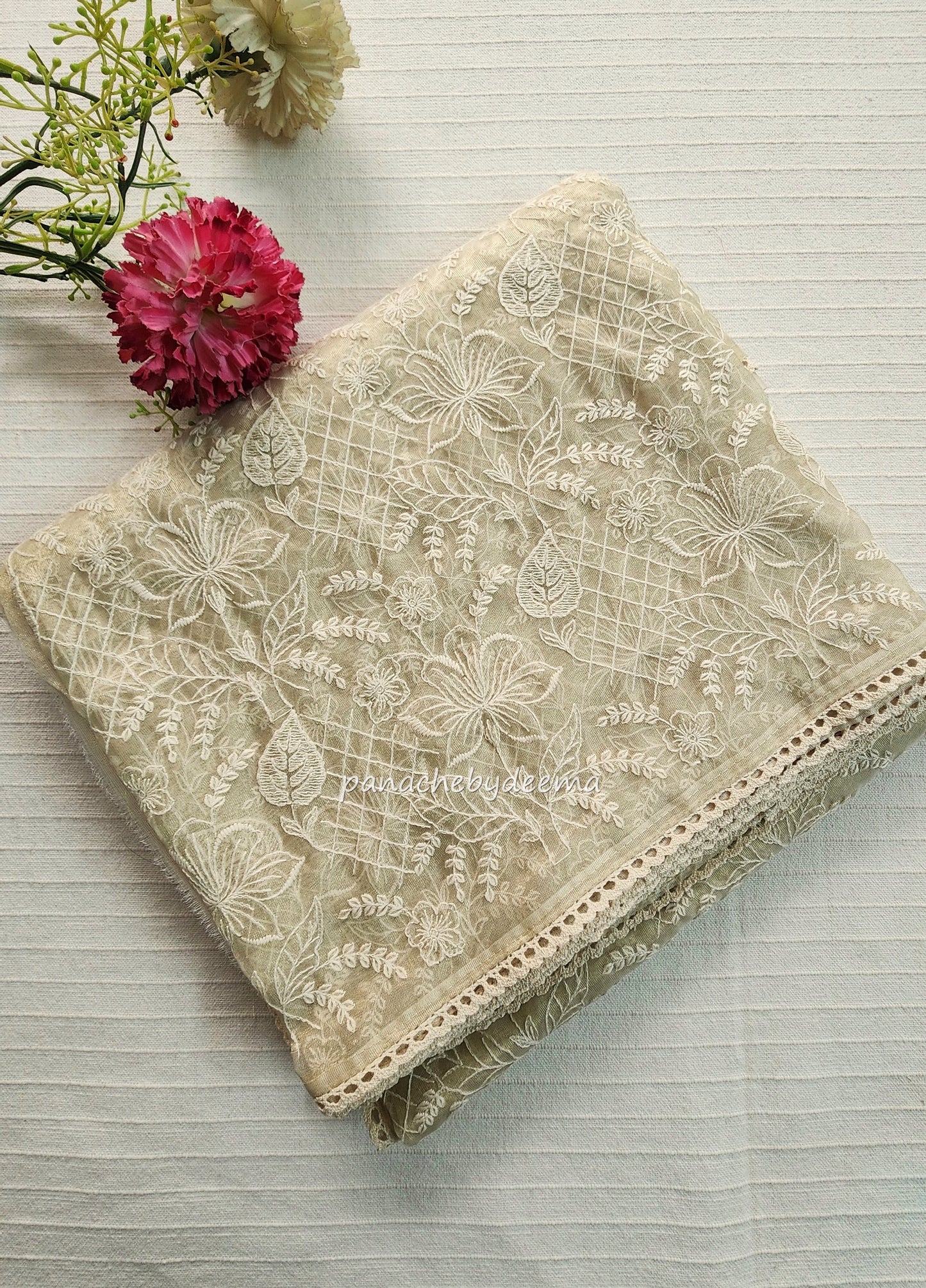 Glass tissue silk saree with full embroidery and crochet lace edges | Offwhite | S2