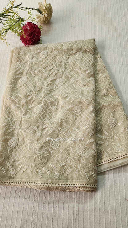 Glass tissue silk saree with full embroidery and crochet lace edges | Offwhite | S2