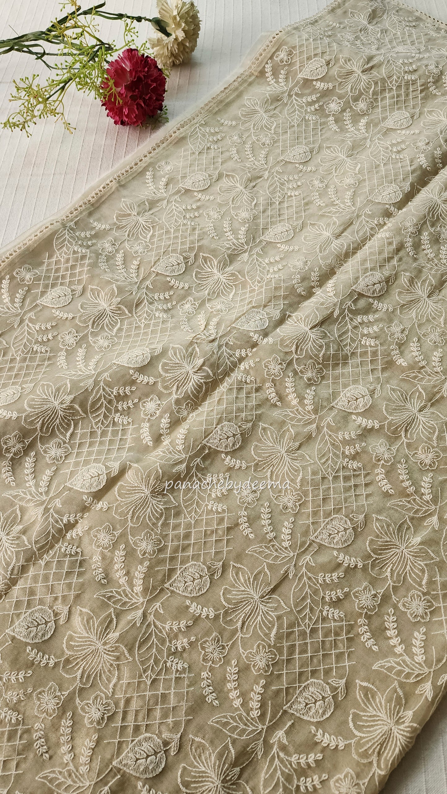 Glass tissue silk saree with full embroidery and crochet lace edges | Offwhite | S2