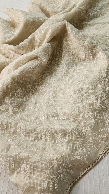 Glass tissue silk saree with full embroidery and crochet lace edges | Offwhite | S2