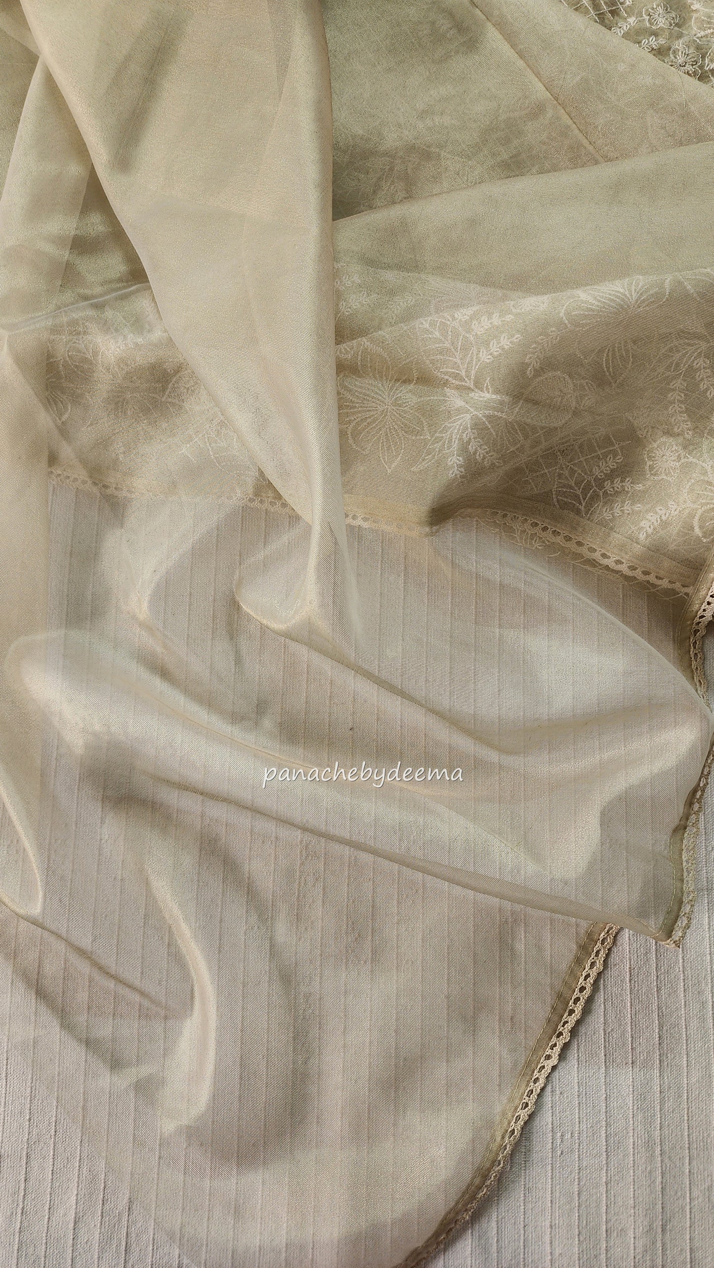 Glass tissue silk saree with full embroidery and crochet lace edges | Offwhite | S2