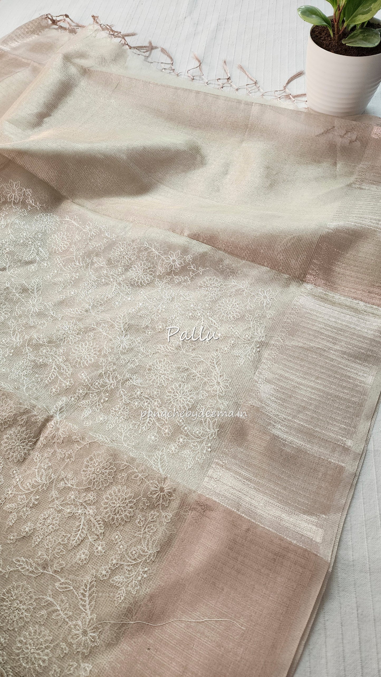 Light golden tissue silk saree with embroidery |Tis1